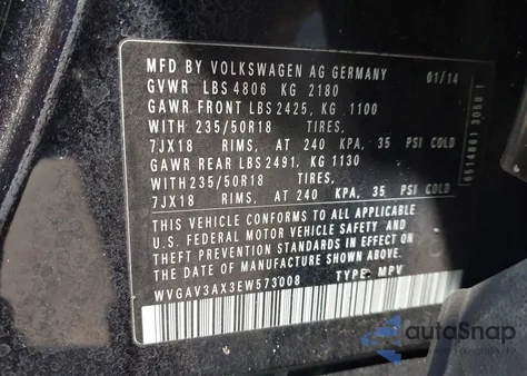 2014 Volkswagen Tiguan Sel from USA, damaged, VIN WVGAV3AX3EW573008
